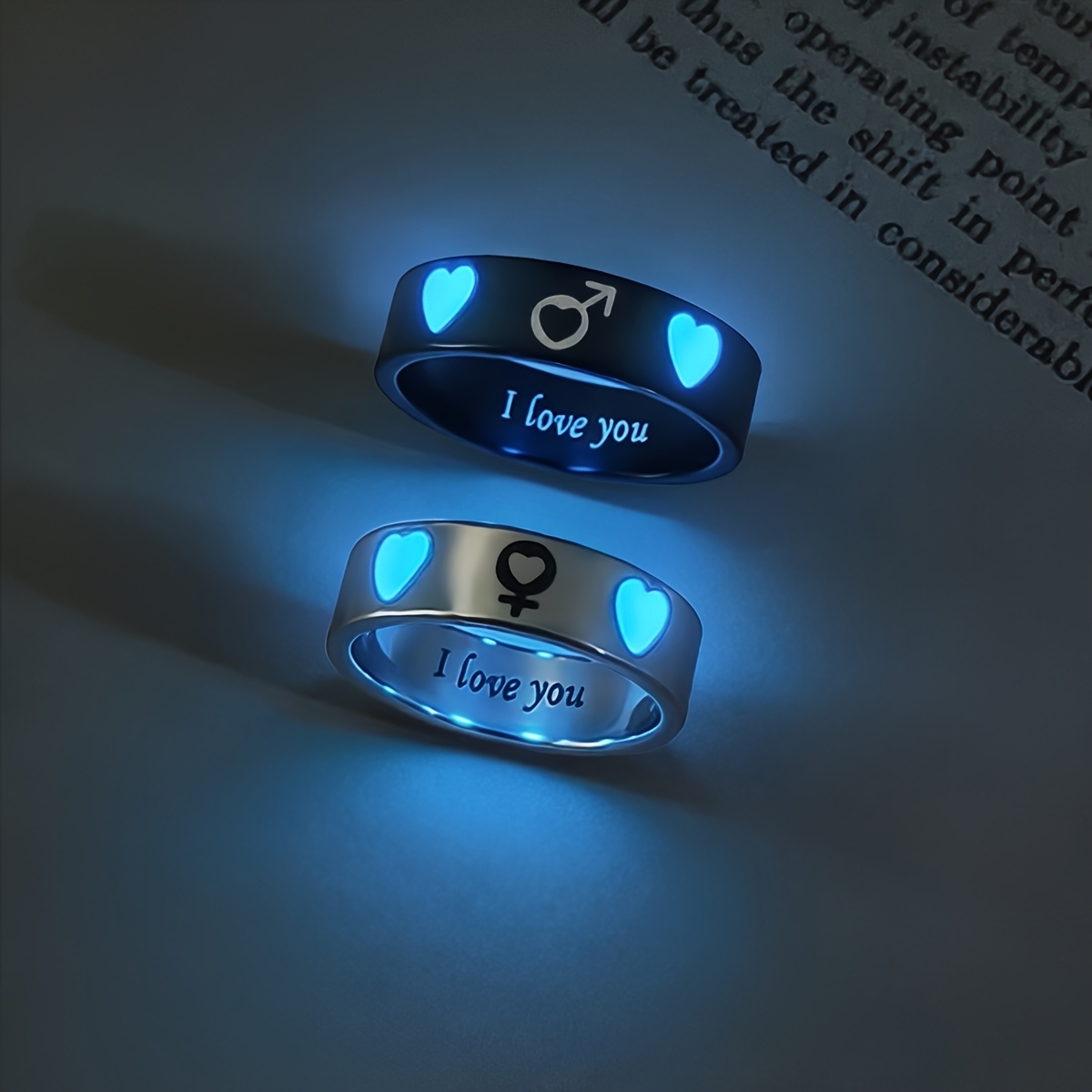 2pcs Glowy Double Hearts in Love Couple Rings
